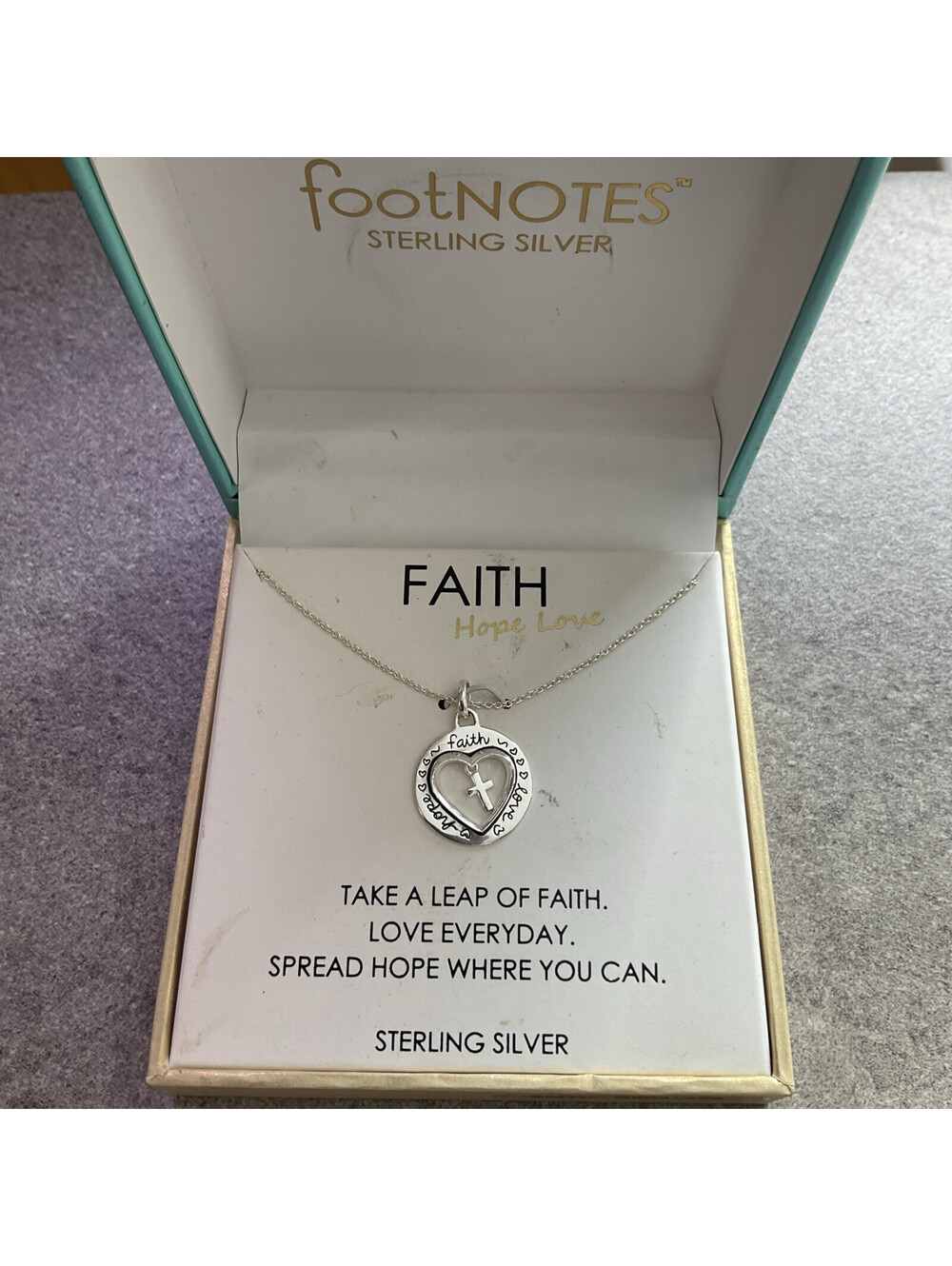 NIB Footnotes Sterling Silver 925 Necklace FAITH HOPE LOVE Pendant Charm Jesus